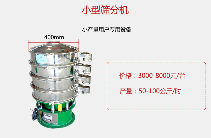 小型篩分機(jī)產(chǎn)量可達(dá)100公斤/時，價格3000元起。